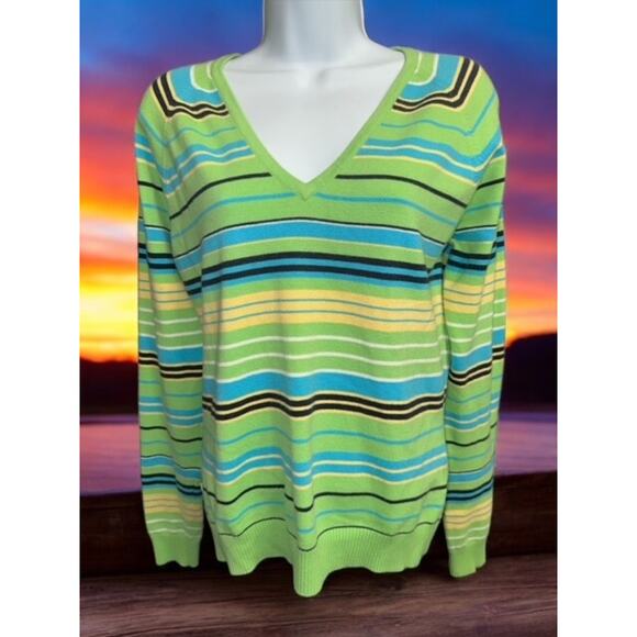 Striped V-Neck Izod Sweater -M- Green, Blue, Yellow - Picture 2 of 4
